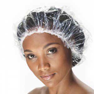 Black-woman-wearing-plastic-cap-over-her-hair-300x300