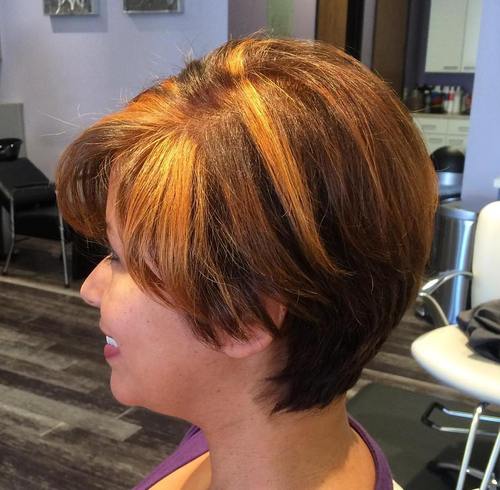 brown pixie bob with bangs and chunky highlights