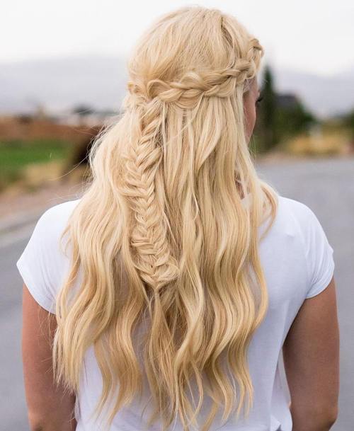 half updo with crown braid and fishtail
