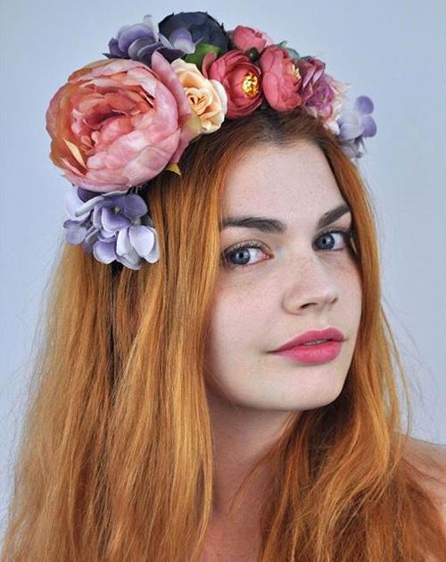 long red hair with floral crown