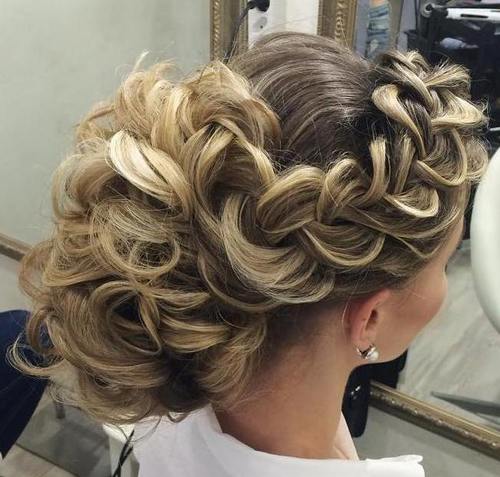 bridal curly updo with a side braid