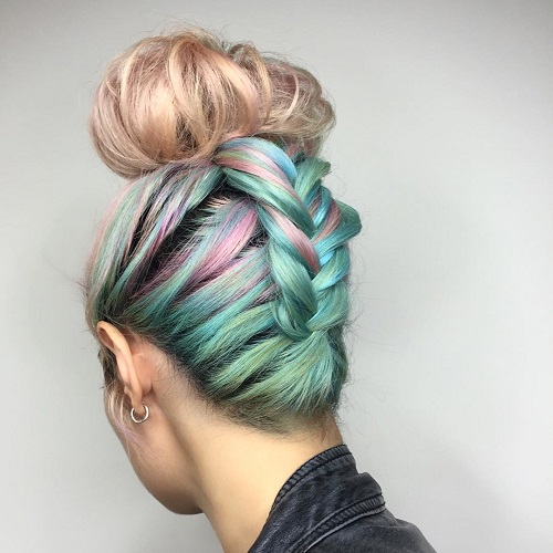 turquoise and pastel pink top knot updo