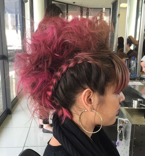 brown and pink faux hawk updo