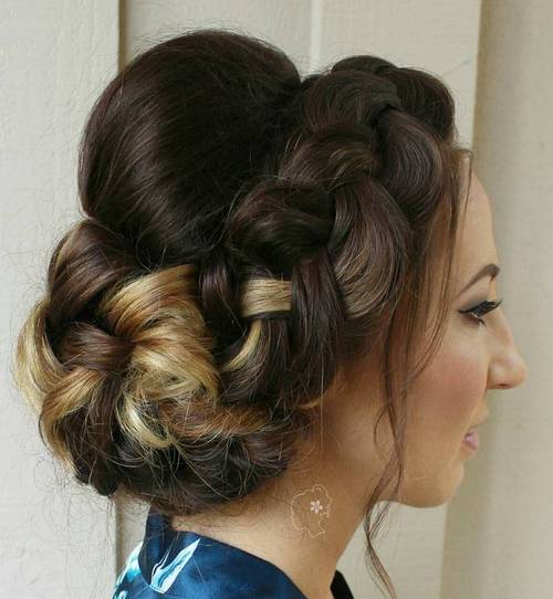 crown braid and bun updo with a bouffant
