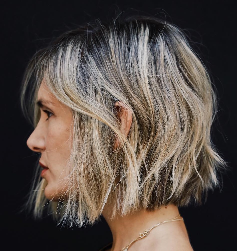 Short Messy Bronde Bob With Black Roots