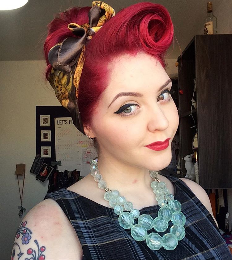 Red Victory Roll Updo With Head Scarf