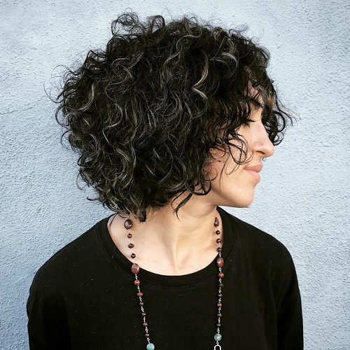 Black Curly Bob With Gray Highlights