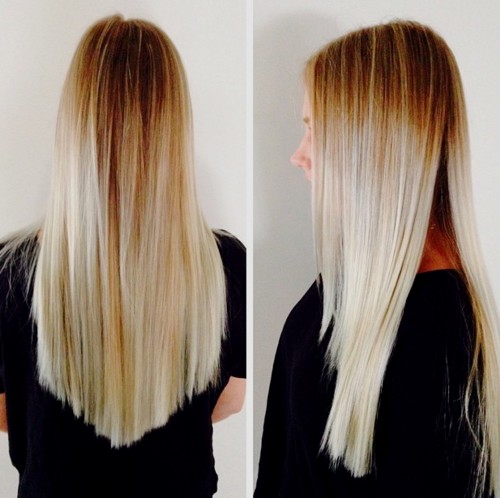long blonde ombre hair with V cut