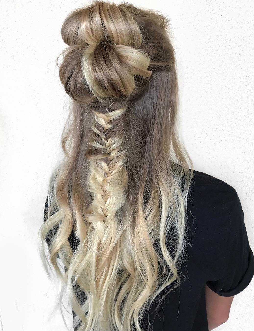 Double Half Up Bun With A Messy Braid