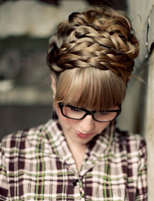 braided updo with straight bangs