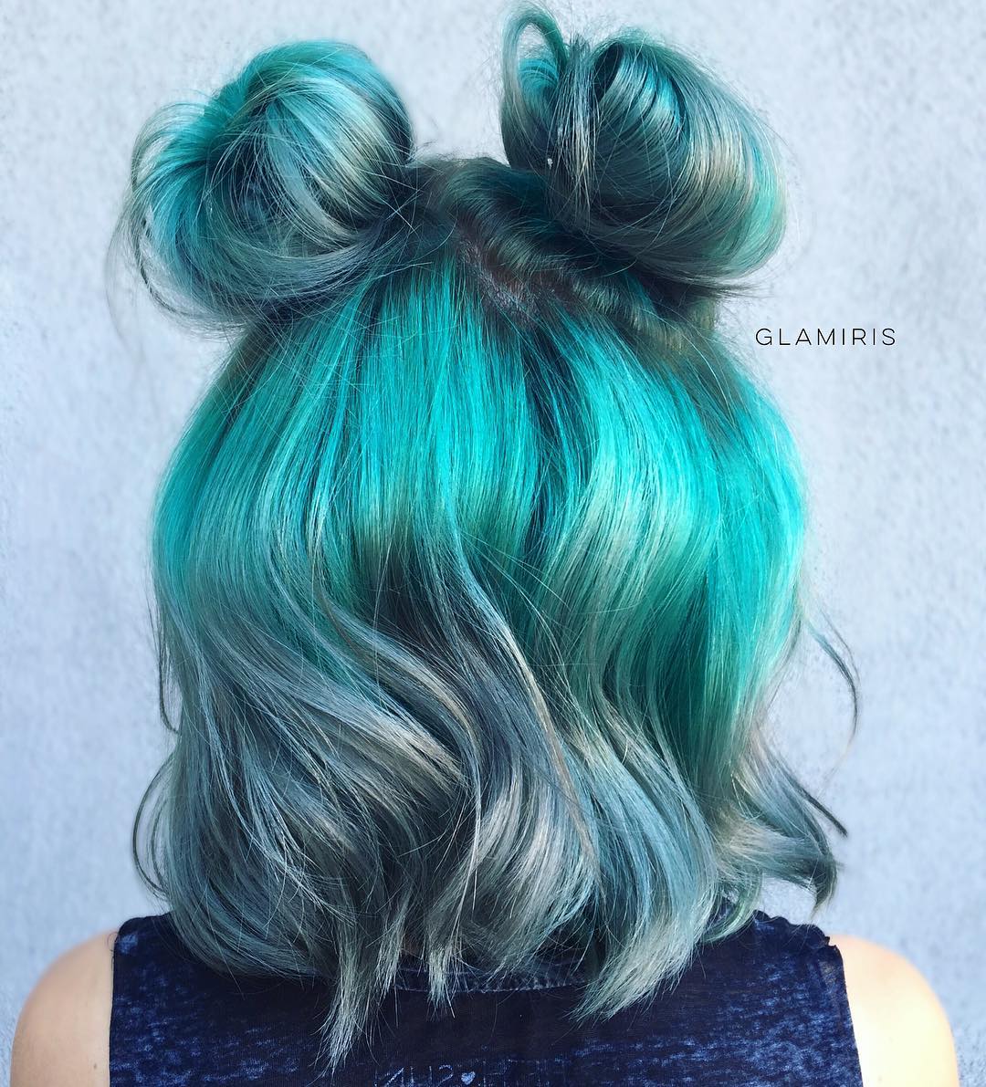 teal hair color and messy buns for short hair