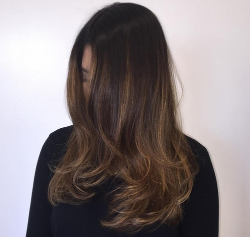 dark brown hair with subtle ombre highlights