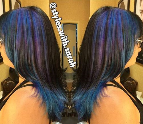 black hair with pastel blue and purple highlights