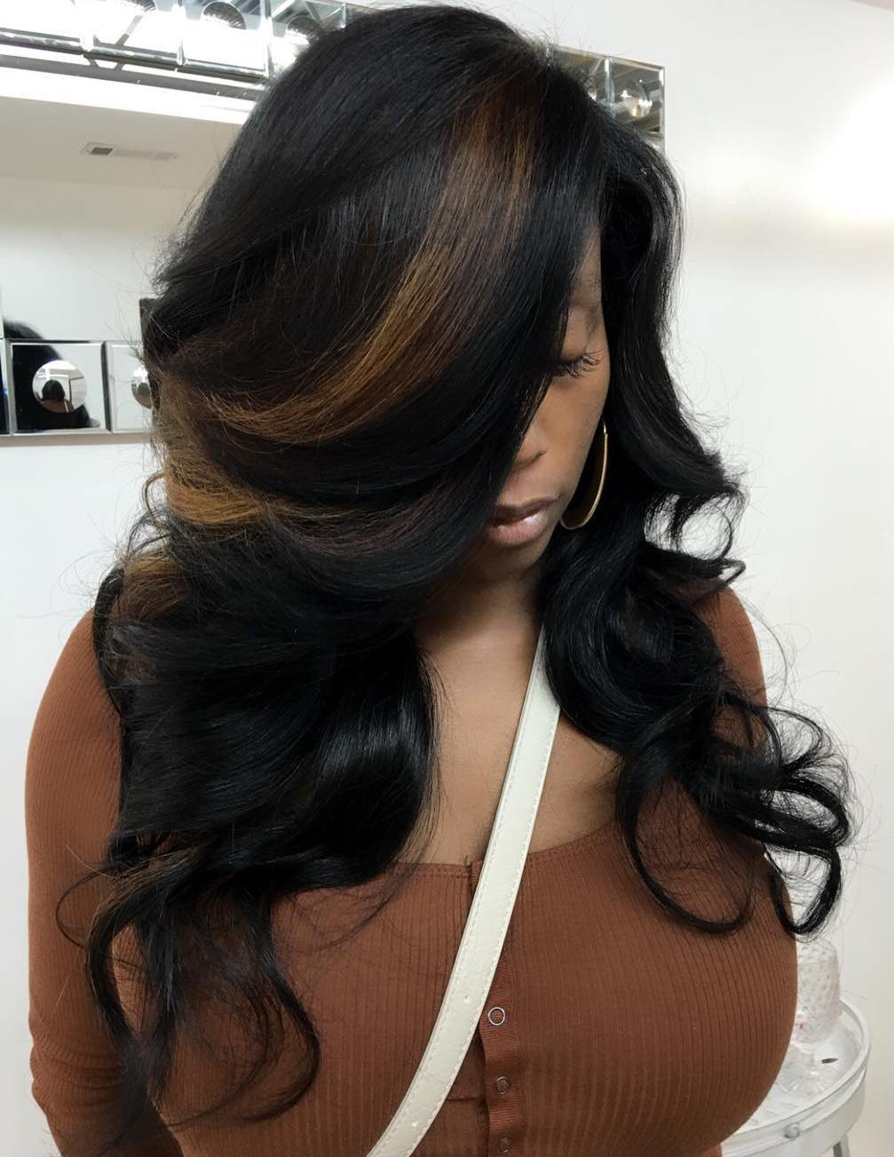black side parted curly weave