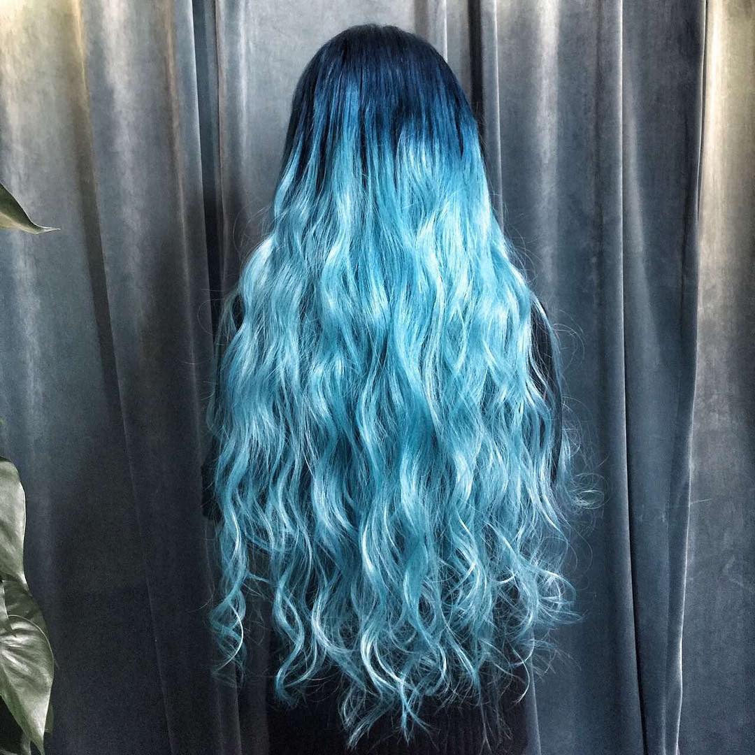 Long Pastel Blue Hair With Dark Roots