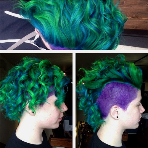 Curly Green Mohawk With Purple Sides