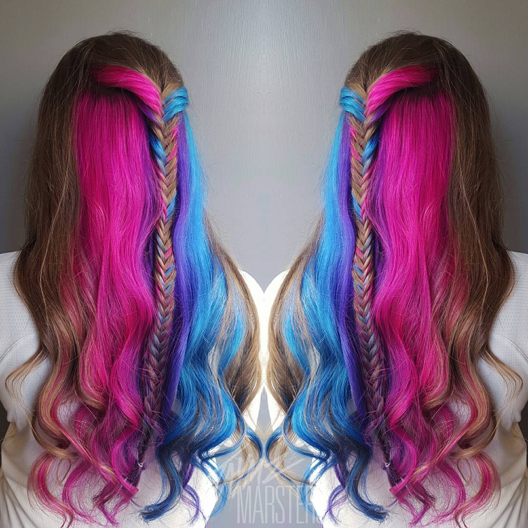 Brown Hair With Pink And Teal Sections