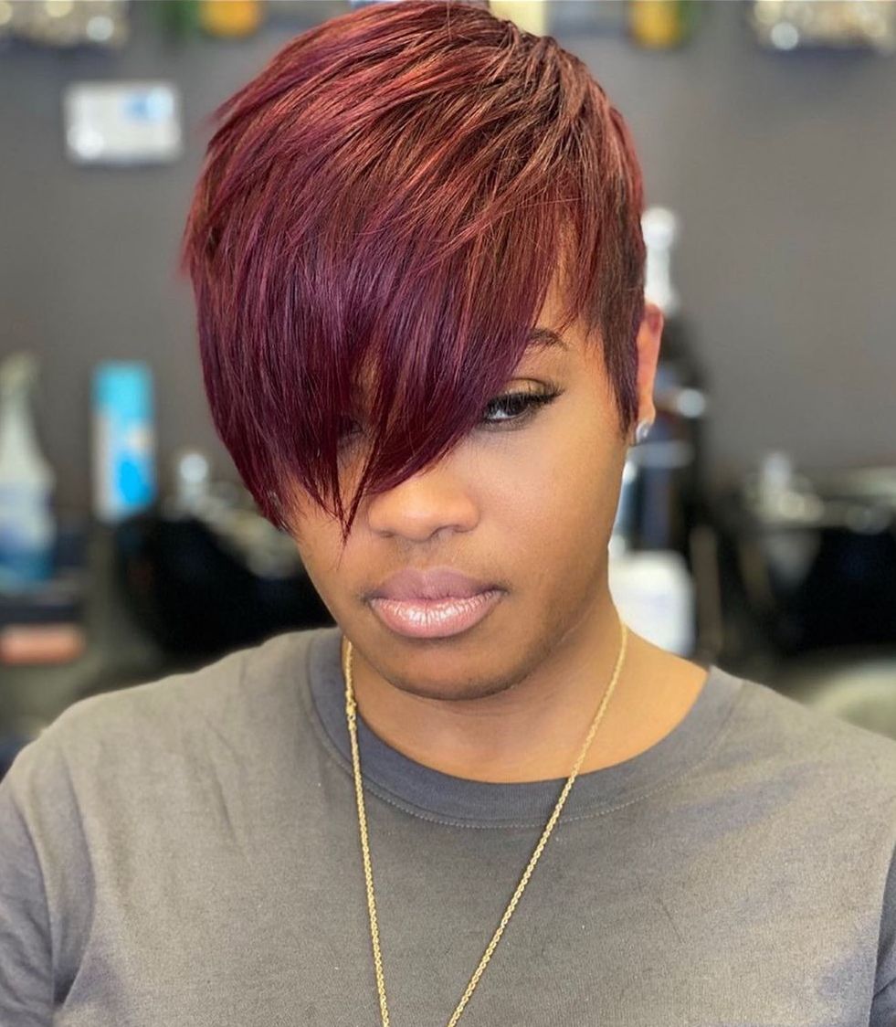 Burgundy Pixie with Long Bangs