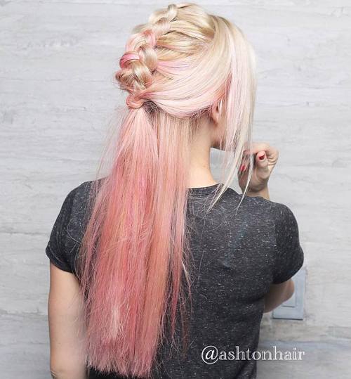 half up mohawk braid for pastel pink ombre