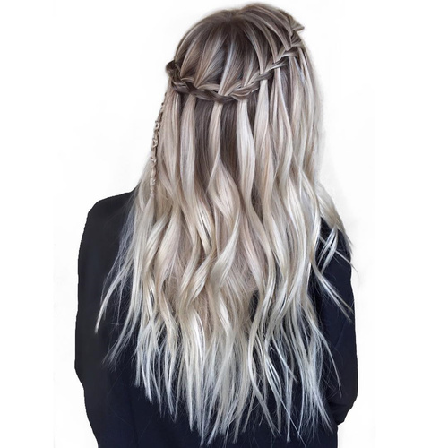 long ash blonde balayage hair with waterfall braid