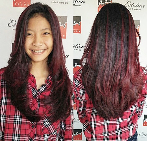 black hair with burgundy ombre highlights