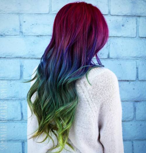Long Red Blue And Green Hair