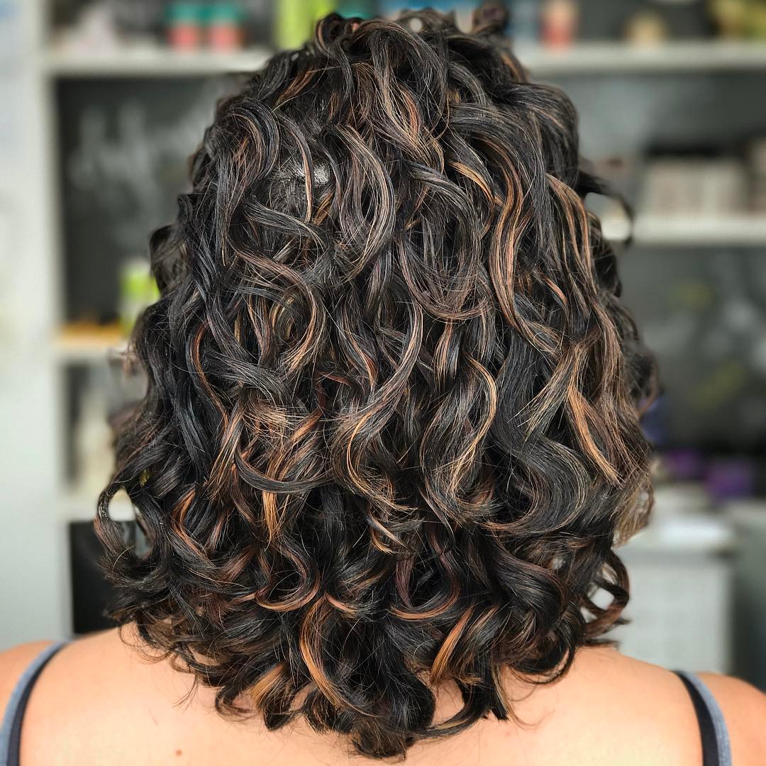 Black Curly Hairstyle With Copper Highlights