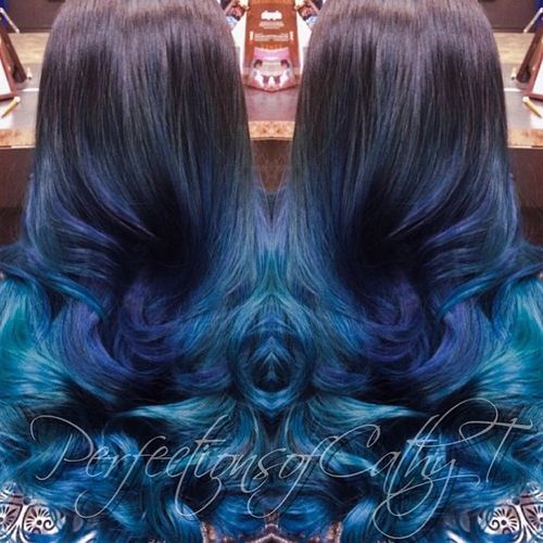 long dark brown hair with blue ombre