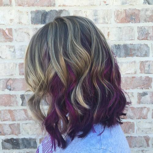 long brown bob with blonde and purple highlights