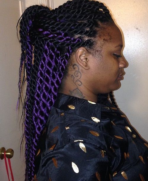 thick Senegalese twists with purple highlights