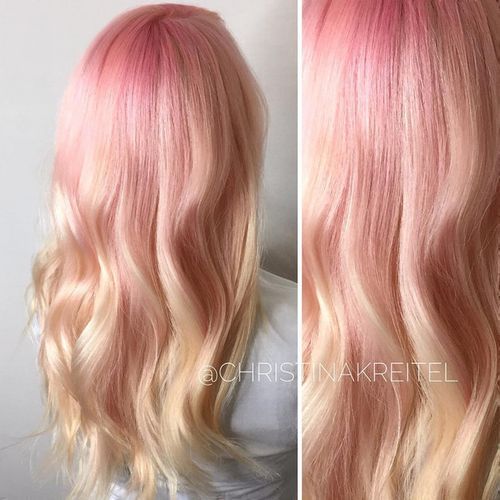 Creamy Blonde Hair Color with Pastel Pink Roots