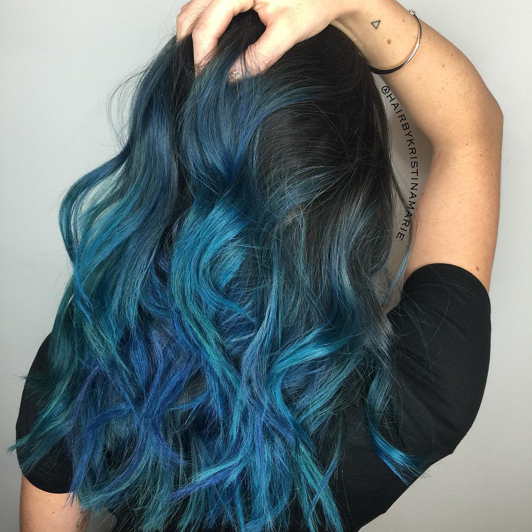 Black Layered Hair With Blue Balayage