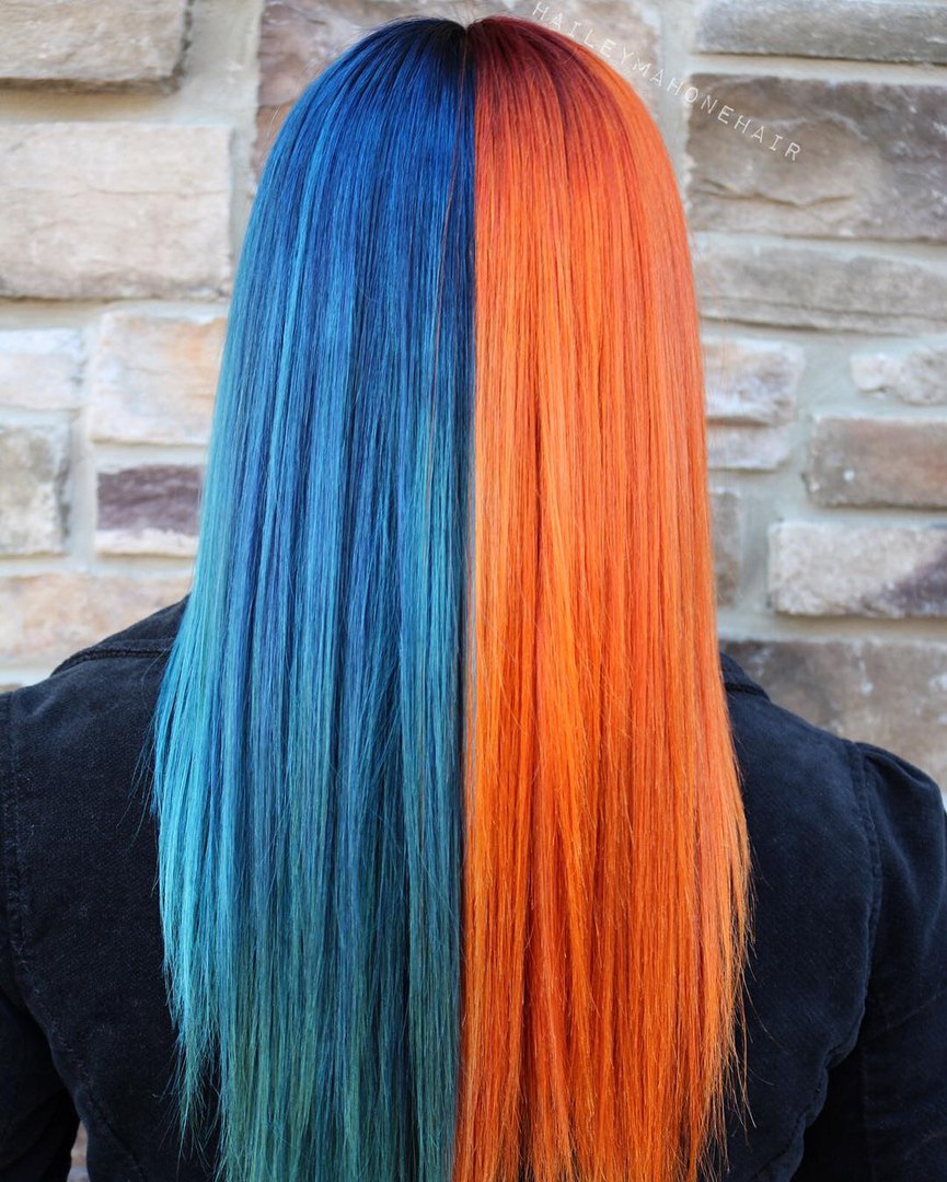 Half Blue Half Copper Hair Color Idea