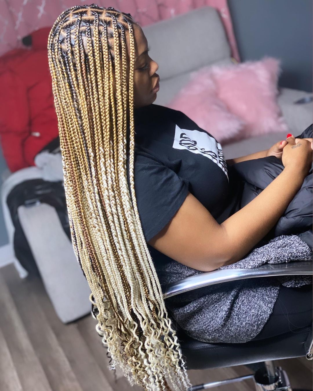 Box Braid Style with Curled Ends and Blonde Gradient