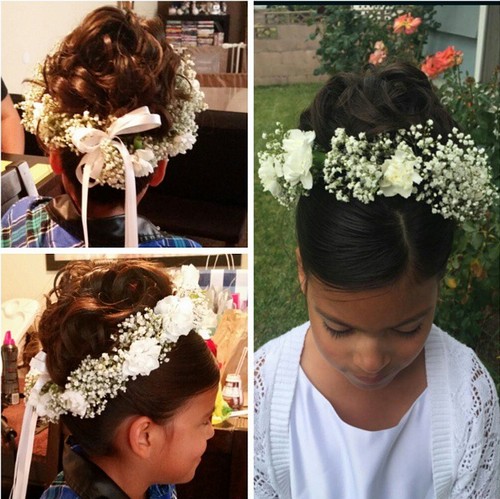 flower girl updo hairstyle for brown hair