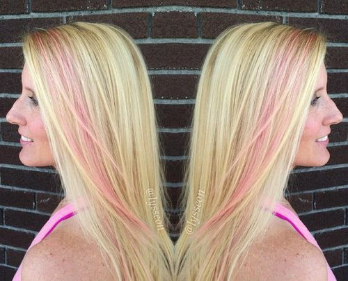 blonde hair with pastel pink stripe