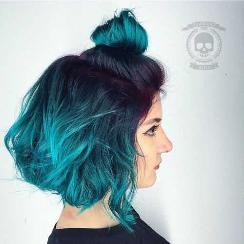 Black To Teal Ombre Bob With Purple Roots