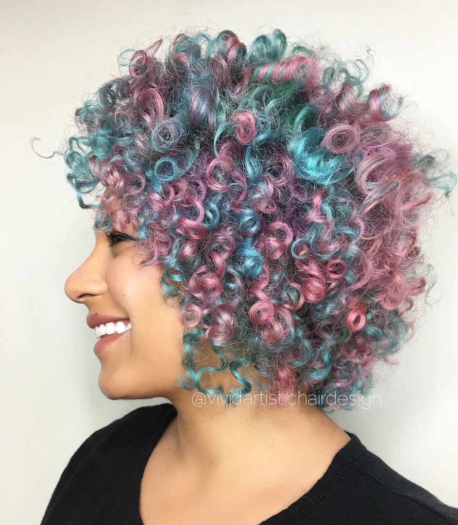Short Curly Pastel Teal And Pink Hair