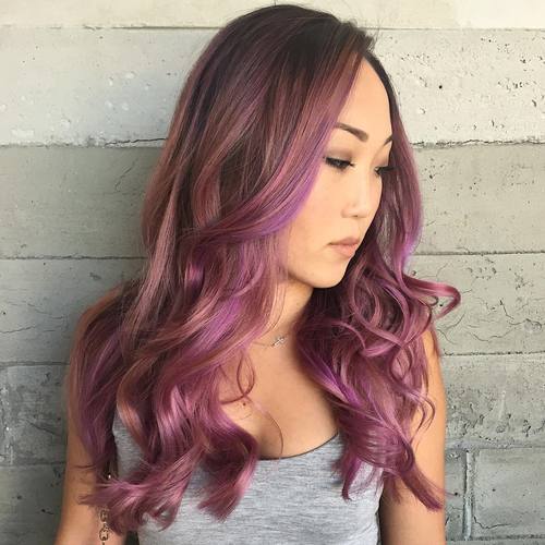 brown hair with lavender and pastel pink balayage