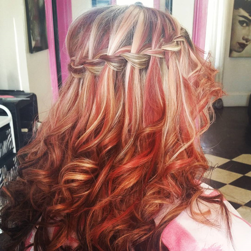 red balayage hair with waterfall braid