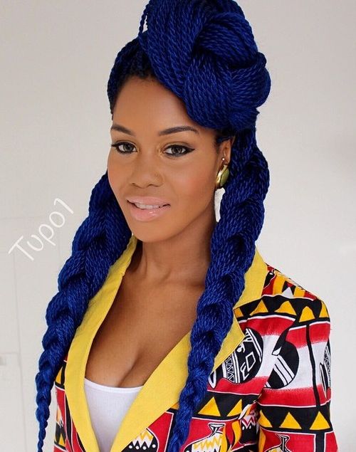 thin blue Senegalese twists with Kanekalon hair