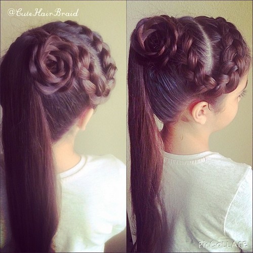 ponytail with a side braid and flower