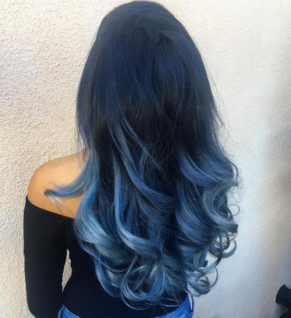 Long Black To Pastel Blue Ombre Hair