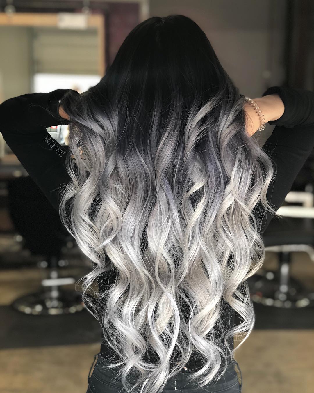 Long Silver Ombre With Stretched Black Roots