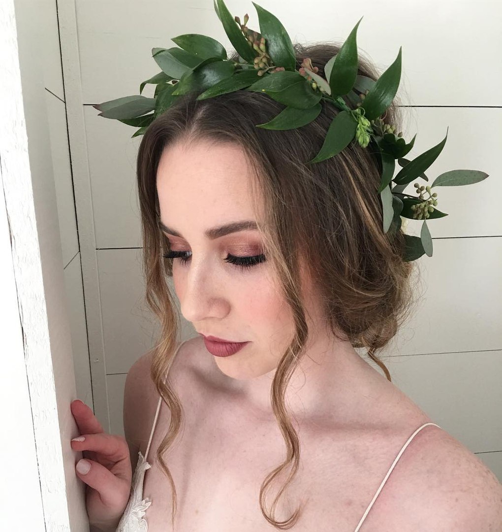 Loose Bridal Updo With A Leaf Crown