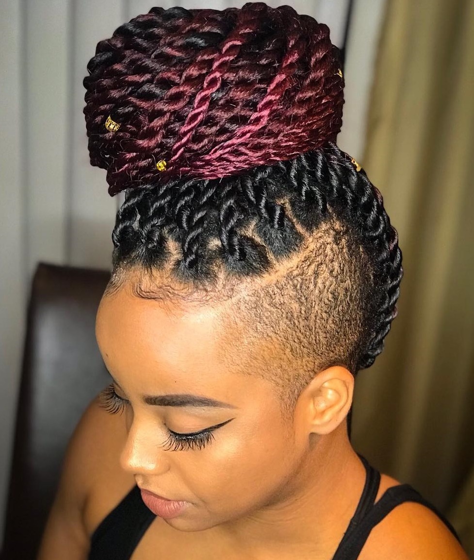 Black to Burgundy Ombre Twists Wwith Shaved Sides
