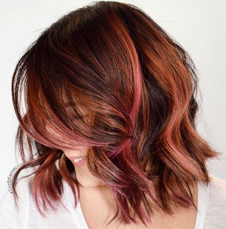 Caramel and Pink Highlights for Brown Hair