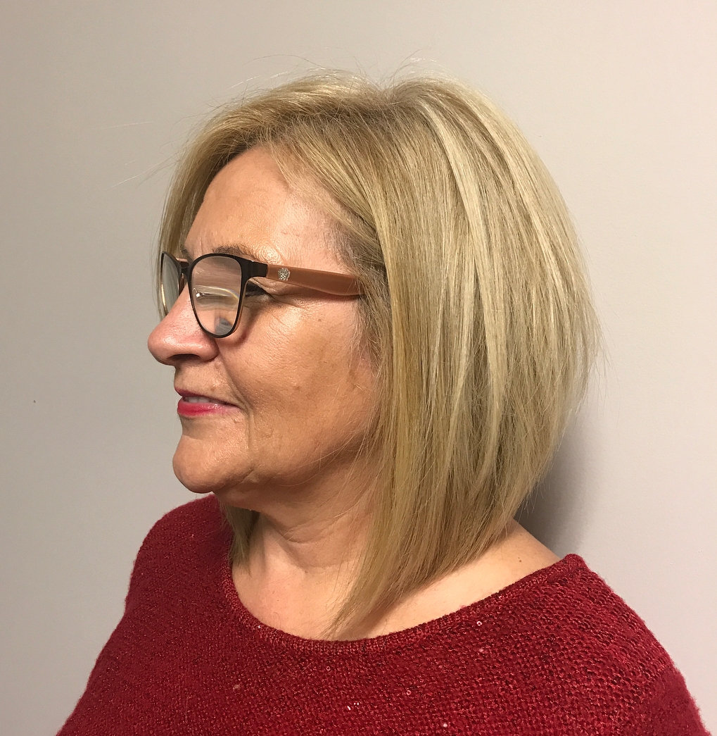 Blonde Lob For 50-Year-Old Women With Glasses