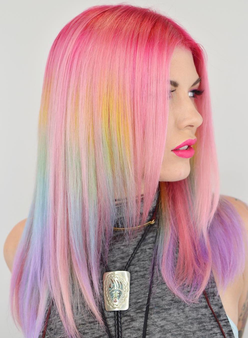 Pastel Pink Hair With Rainbow Highlights