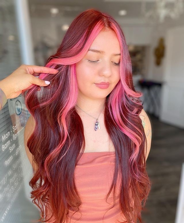 Long Dark Red Hair with Pink Face-Framing Streaks